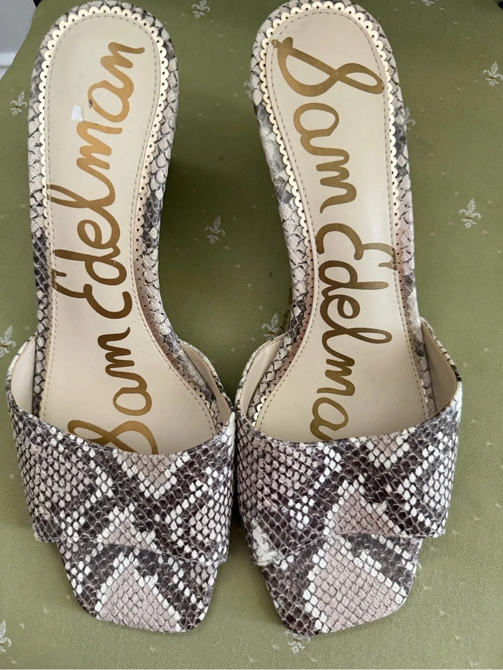Sam Edelman Snake-Print Slide Mules in Taupe and Beige